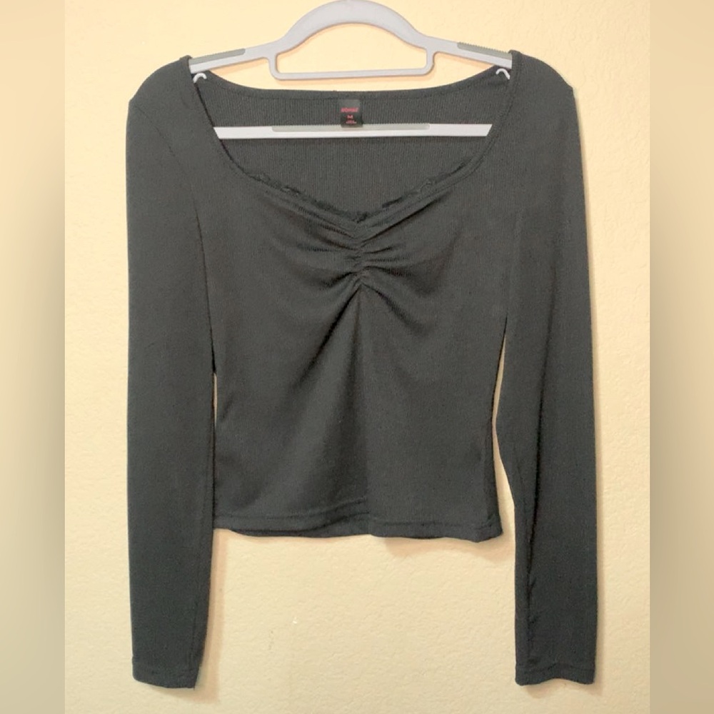 Romwe Women's Black Y2K Style Ruched V-Neck Ribbed Long Sleeve Top Size M
